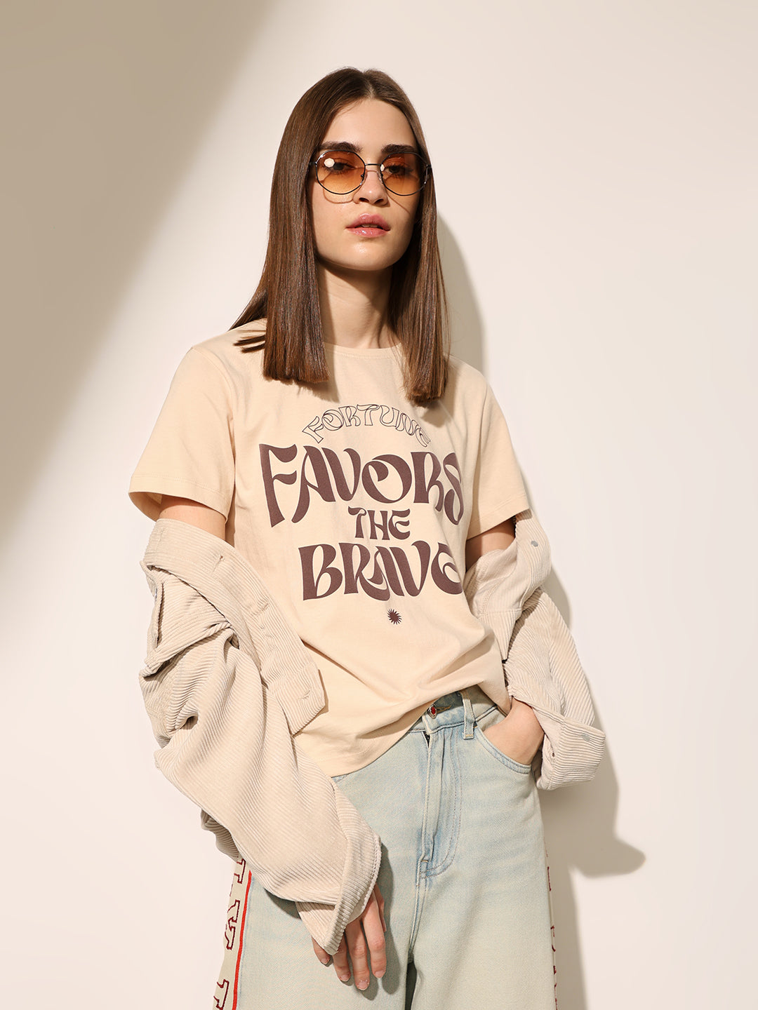 Beige Printed Cotton T-shirt