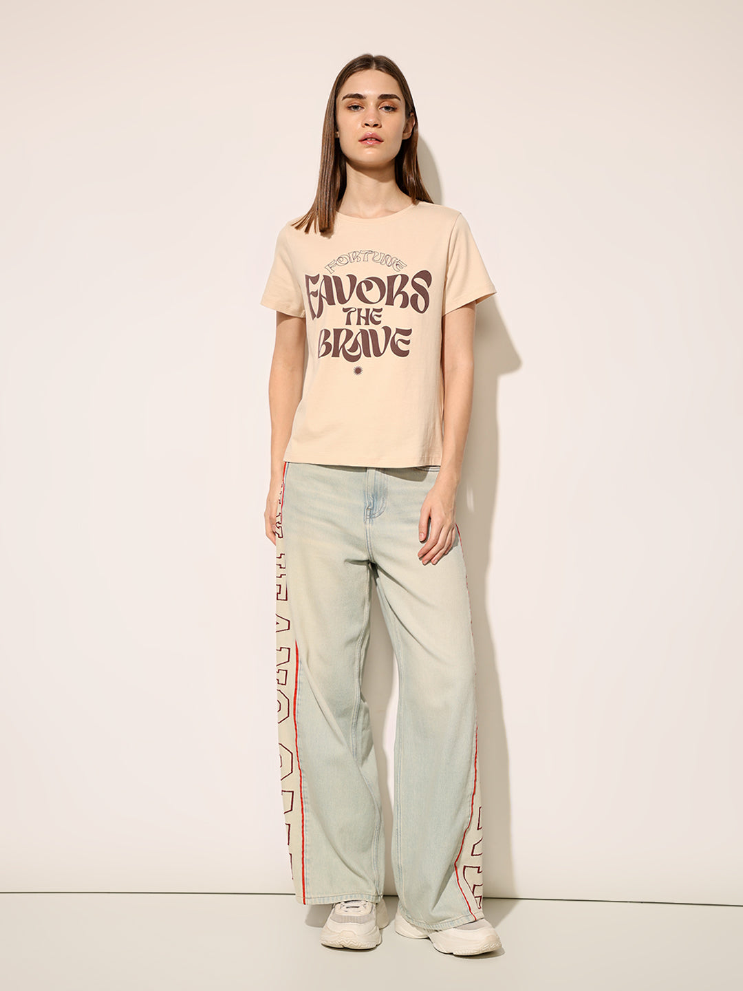 Beige Printed Cotton T-shirt