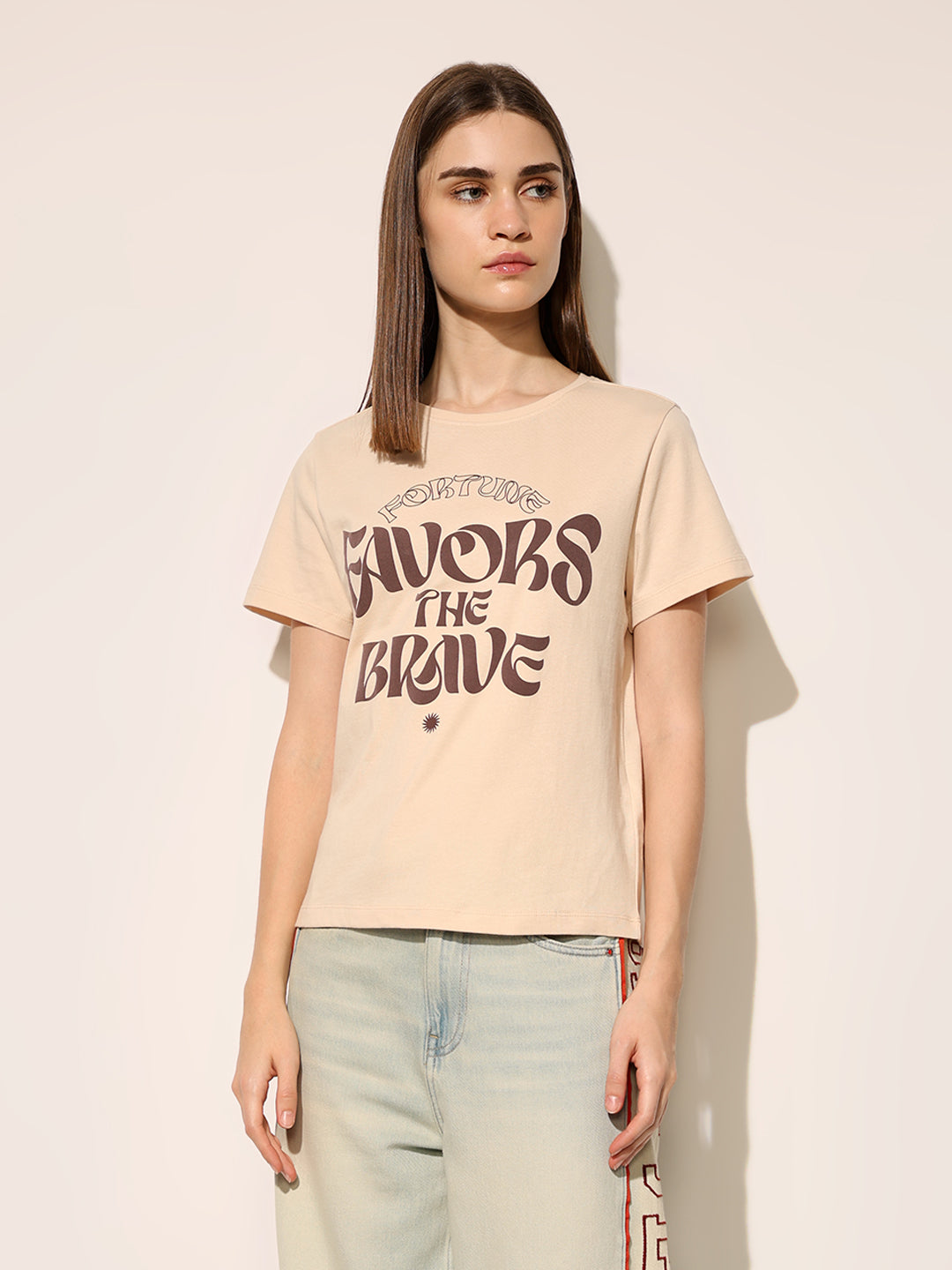 Beige Printed Cotton T-shirt