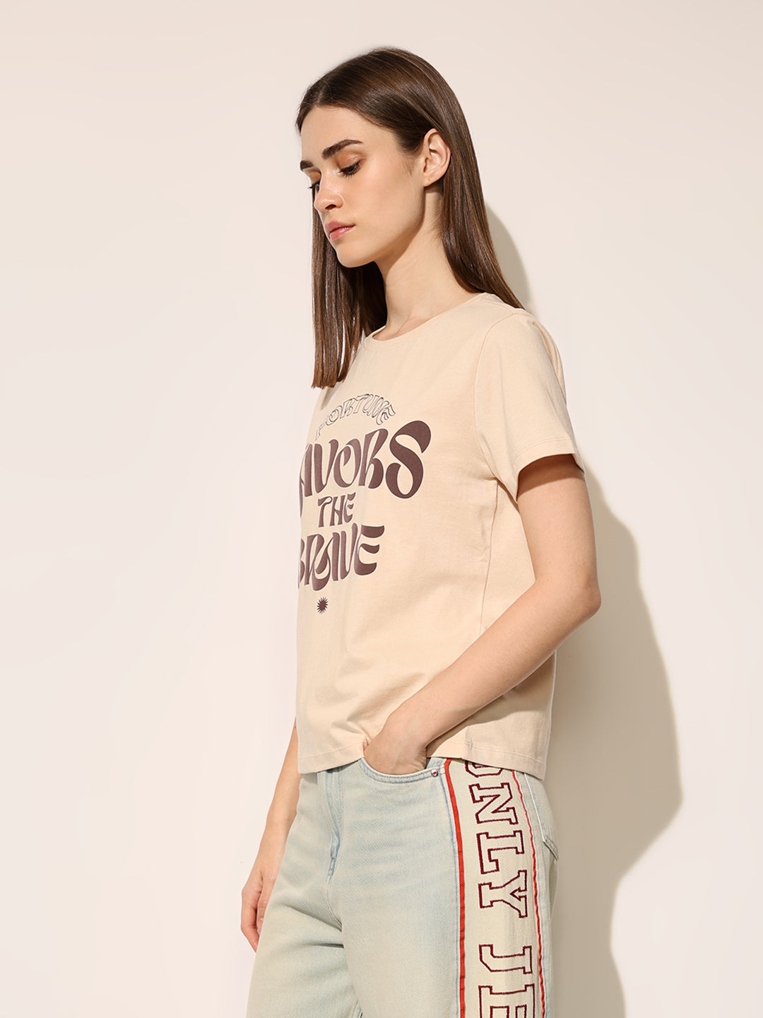 Beige Printed Cotton T-shirt