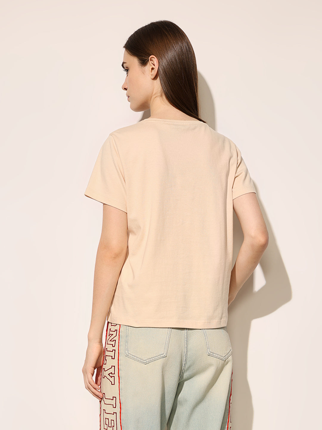Beige Printed Cotton T-shirt