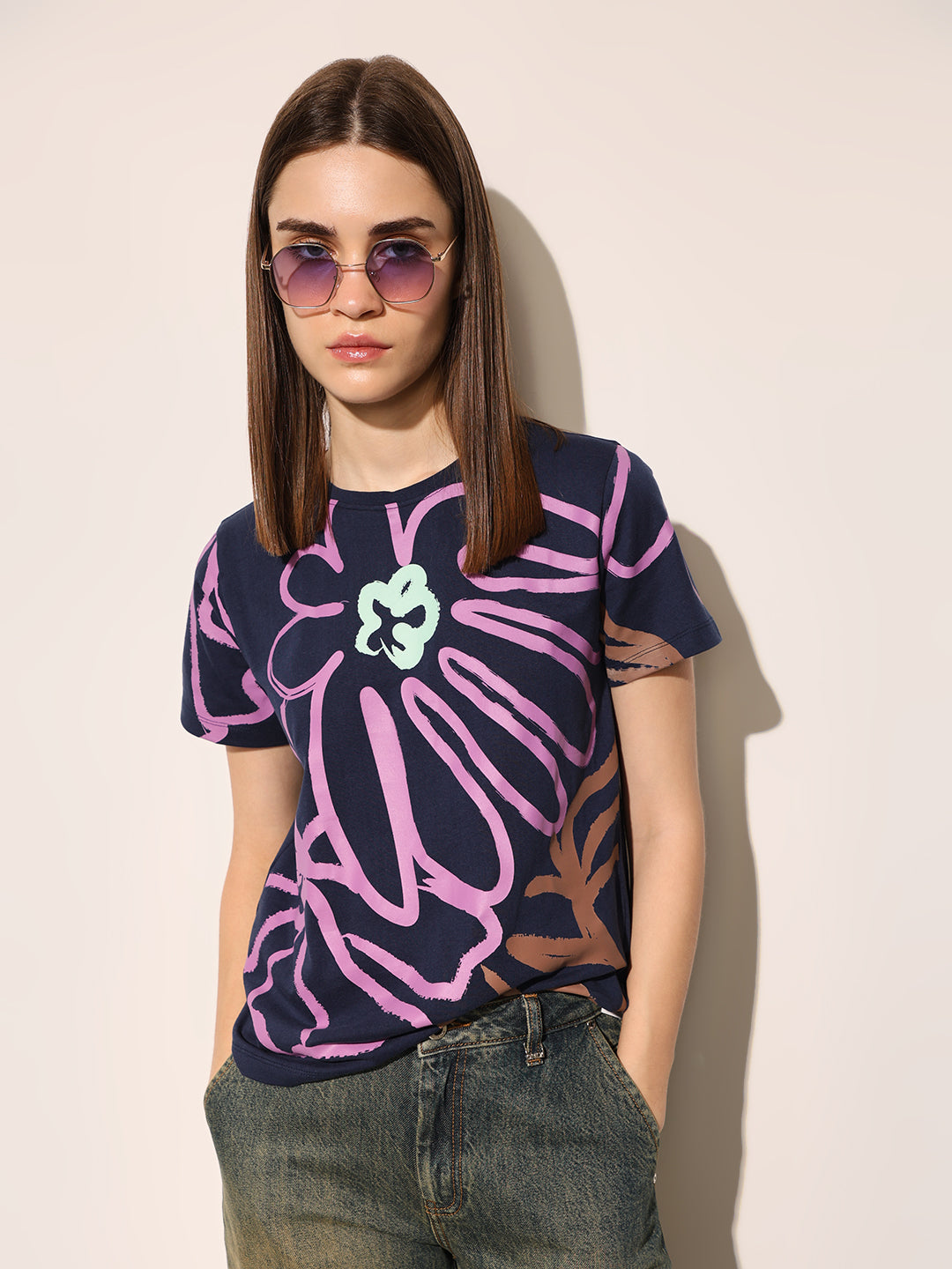 Navy Blue Printed Cotton T-shirt