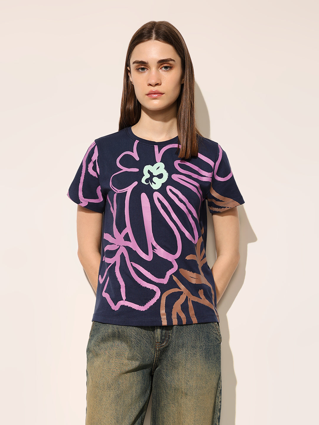 Navy Blue Printed Cotton T-shirt