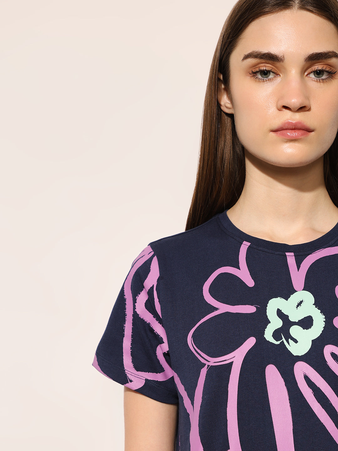 Navy Blue Printed Cotton T-shirt