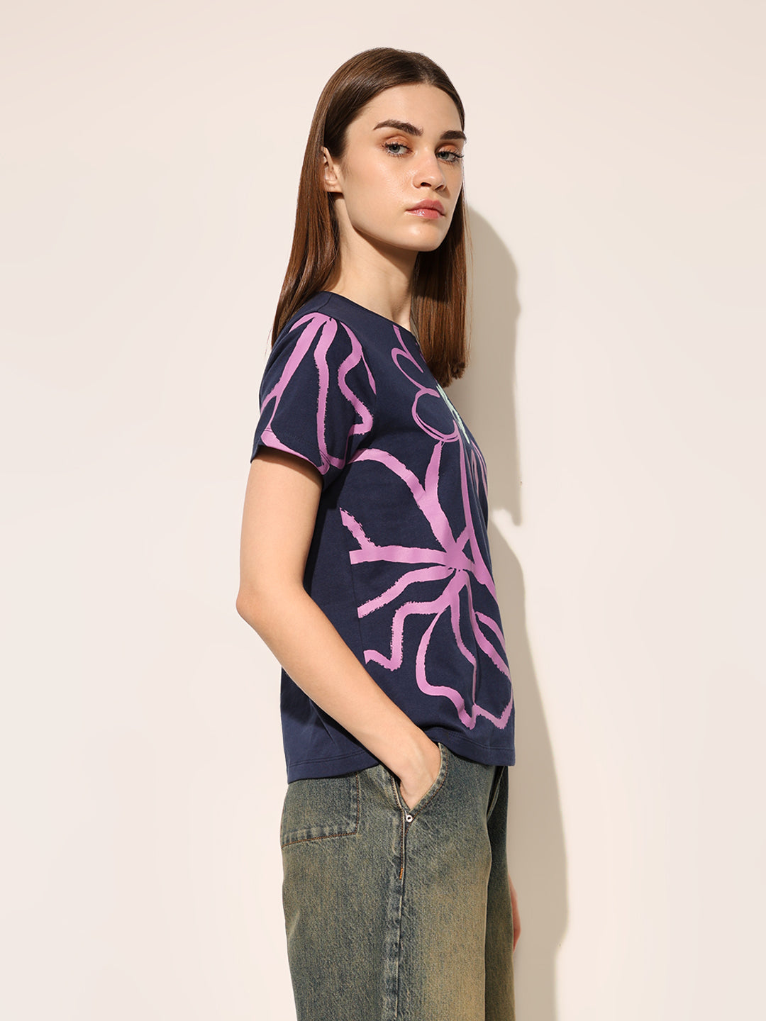 Navy Blue Printed Cotton T-shirt