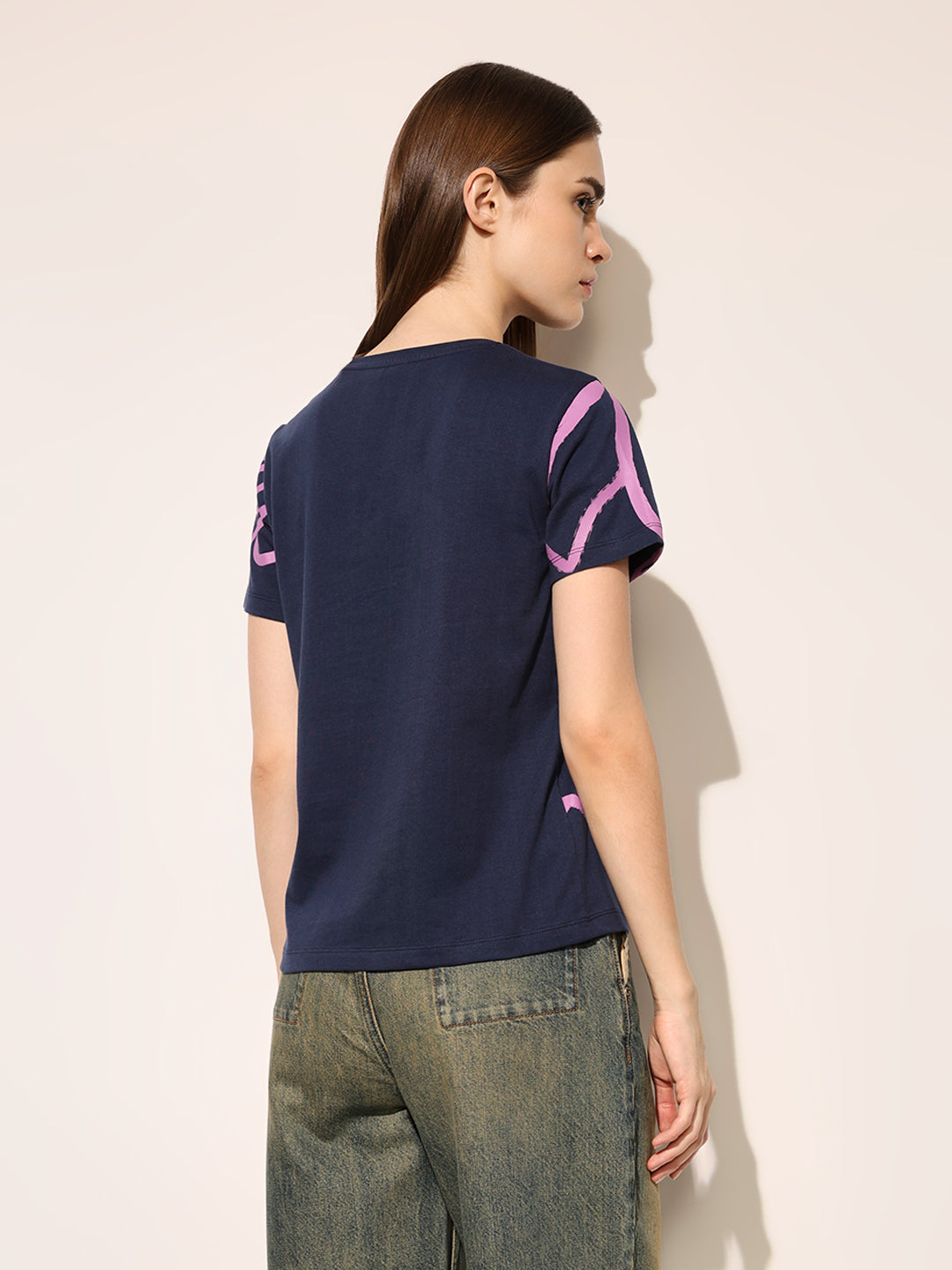Navy Blue Printed Cotton T-shirt