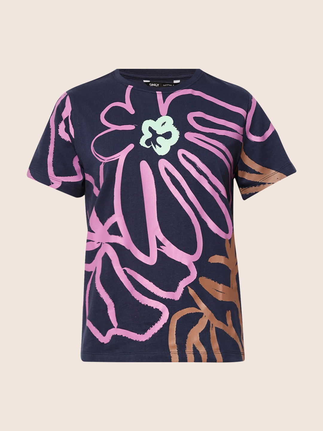 Navy Blue Printed Cotton T-shirt