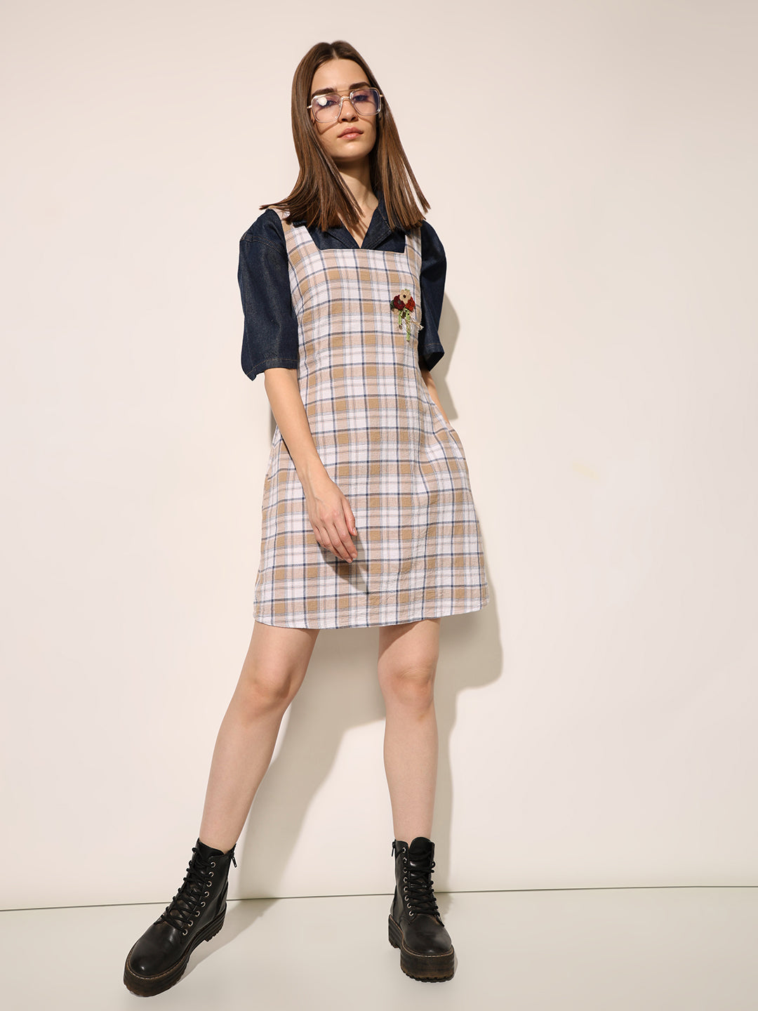 ONLY Beige Check Print Strappy Dress