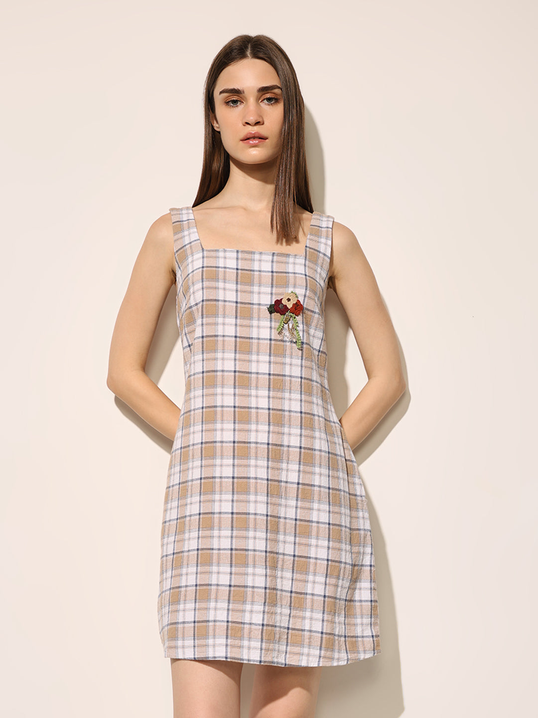 Beige Check Print Strappy Dress