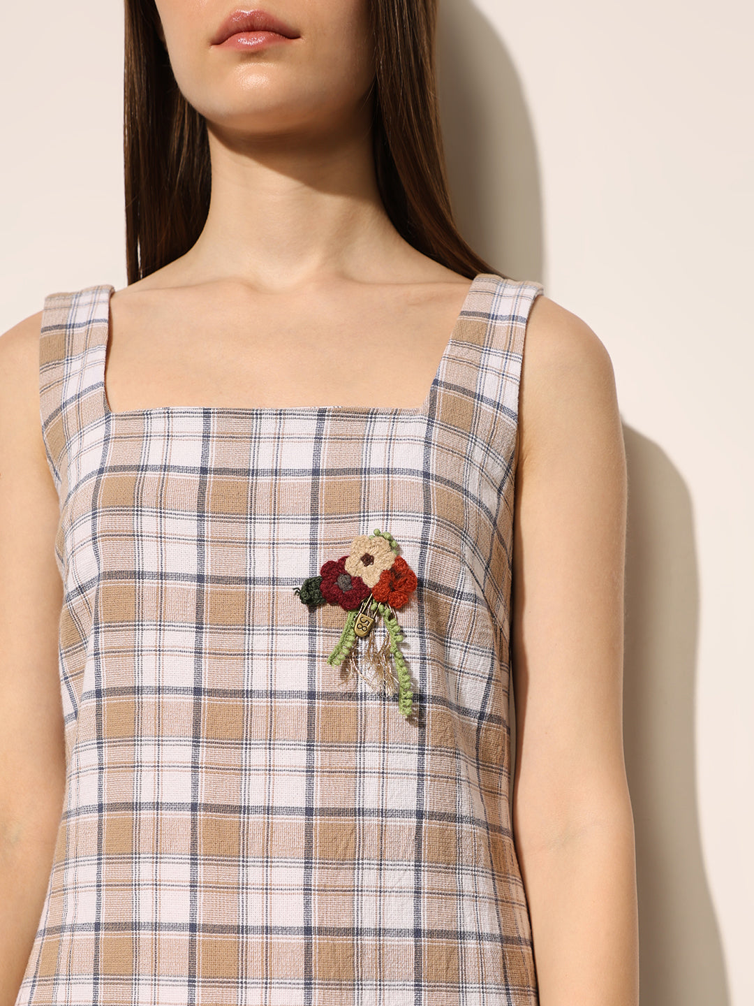 Beige Check Print Strappy Dress