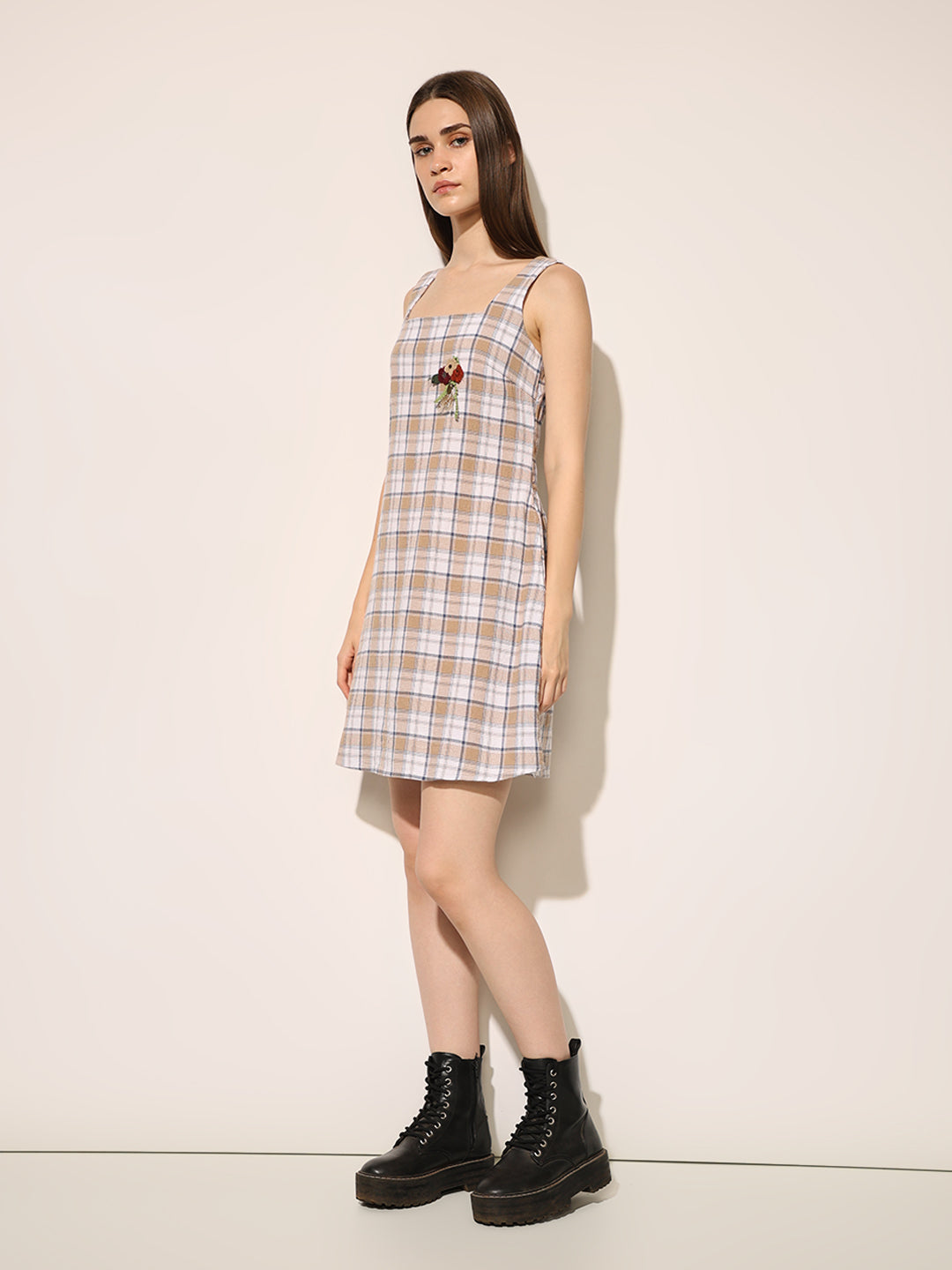 Beige Check Print Strappy Dress