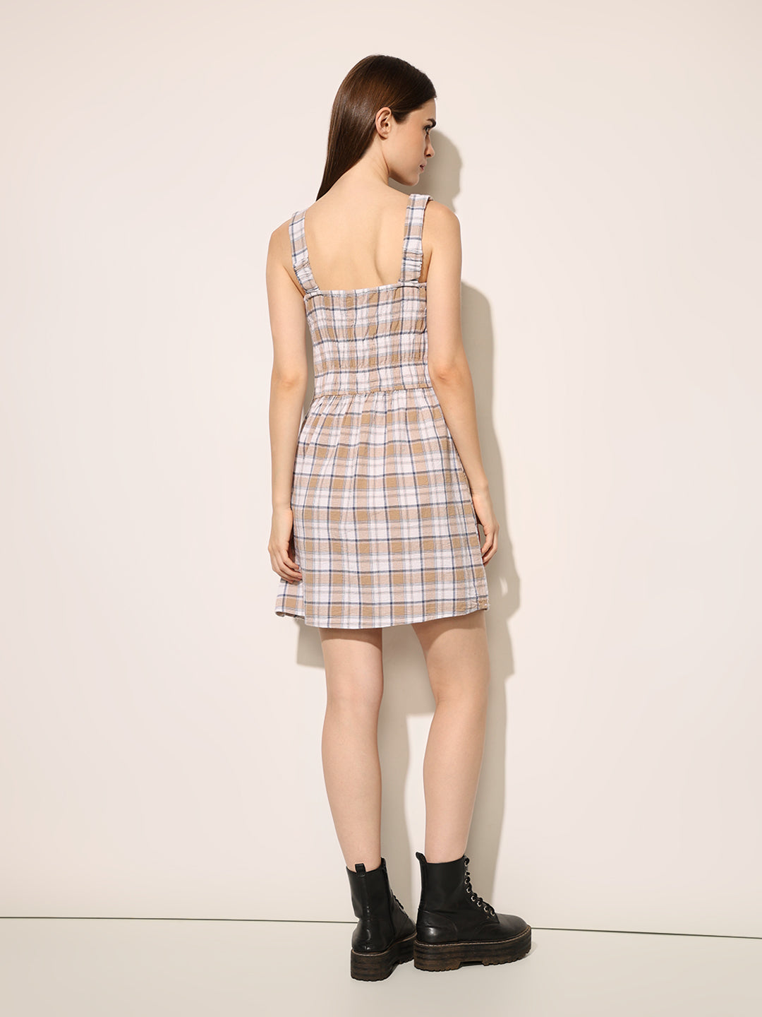 Beige Check Print Strappy Dress