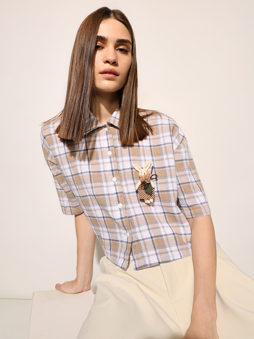 Beige Check Print Cropped Shirt