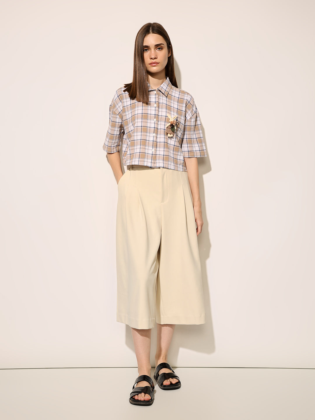 Beige Check Print Cropped Shirt