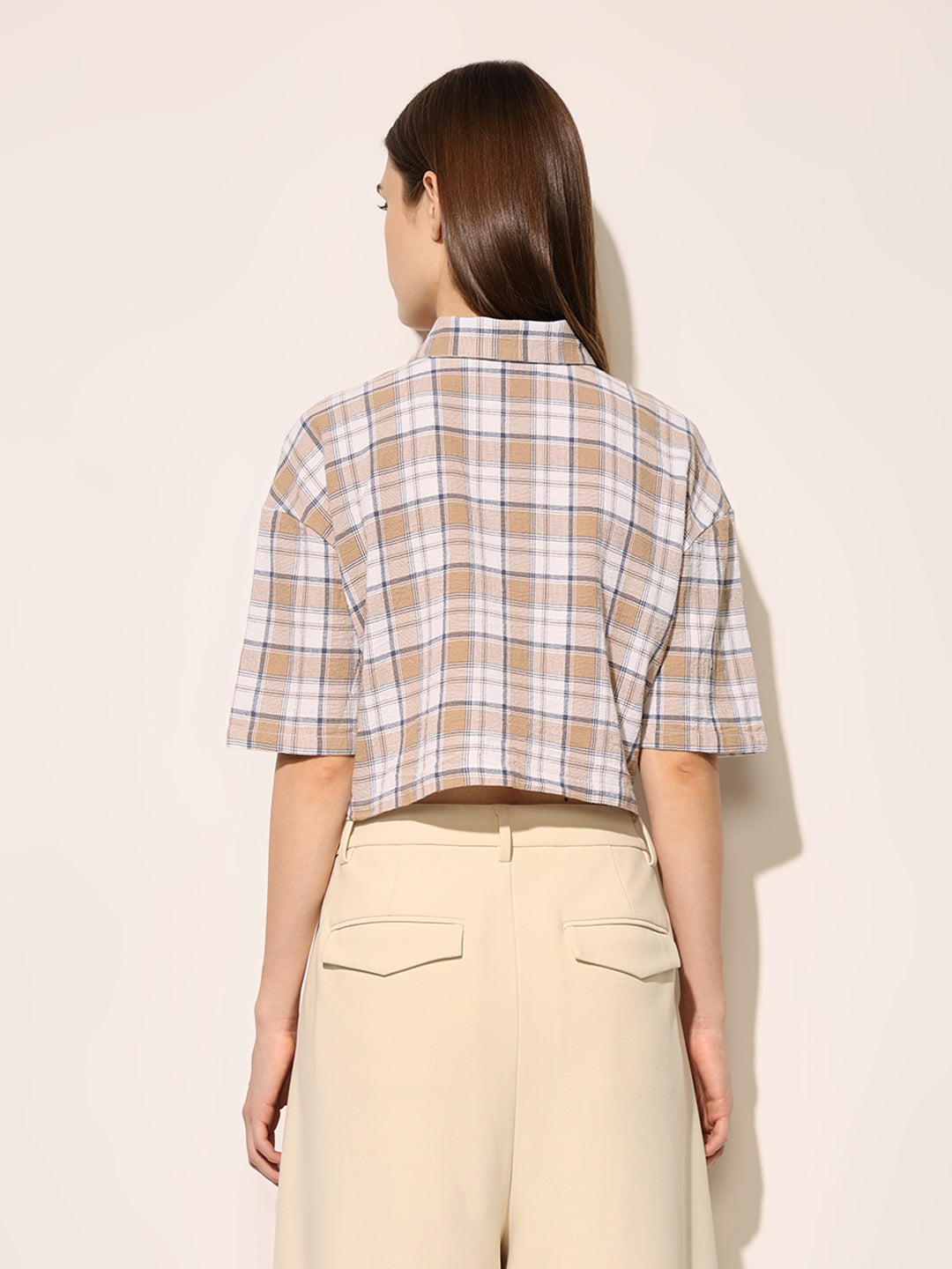 Beige Check Print Cropped Shirt