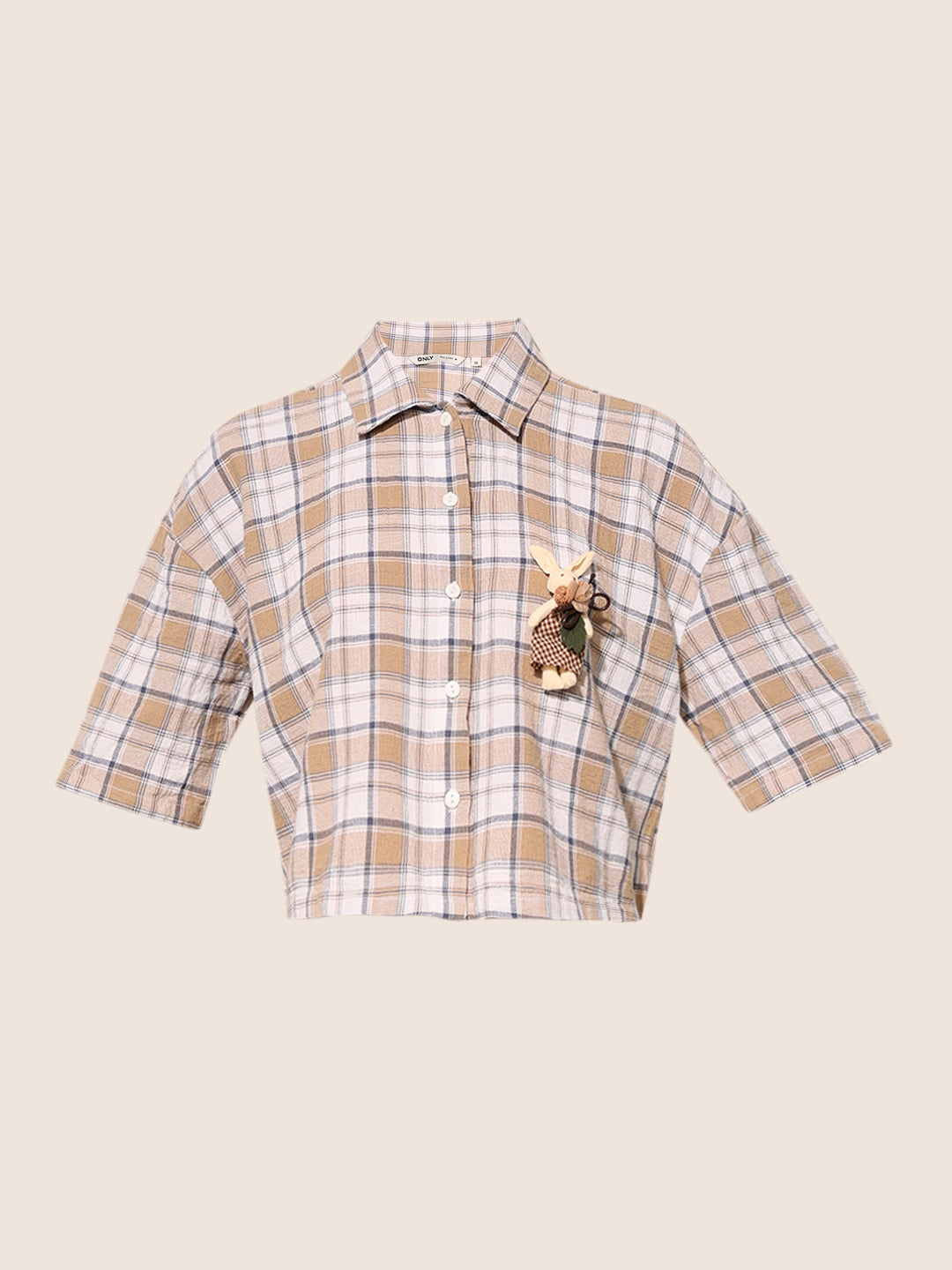 Beige Check Print Cropped Shirt