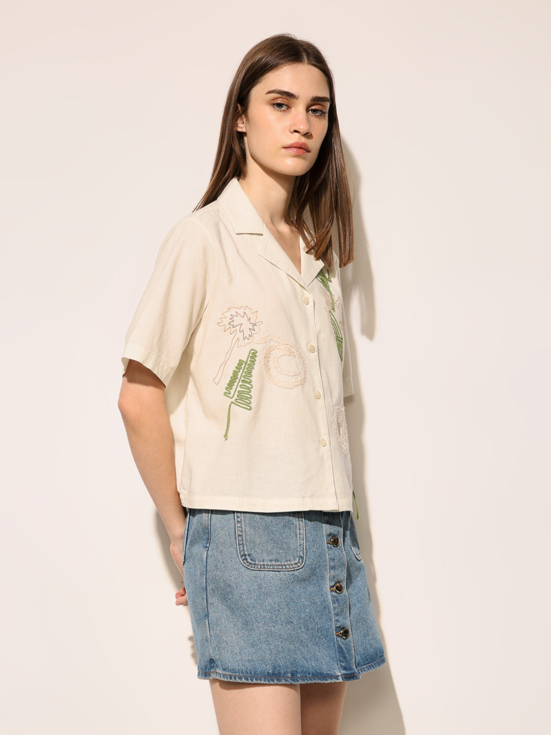 Beige Printed Boxy Fit Shirt