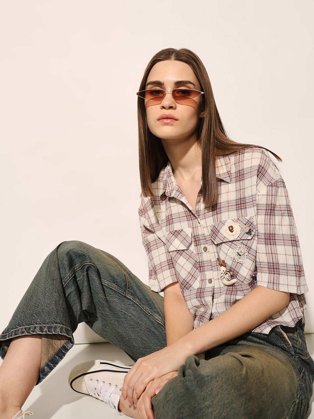Beige Check Print Shirt