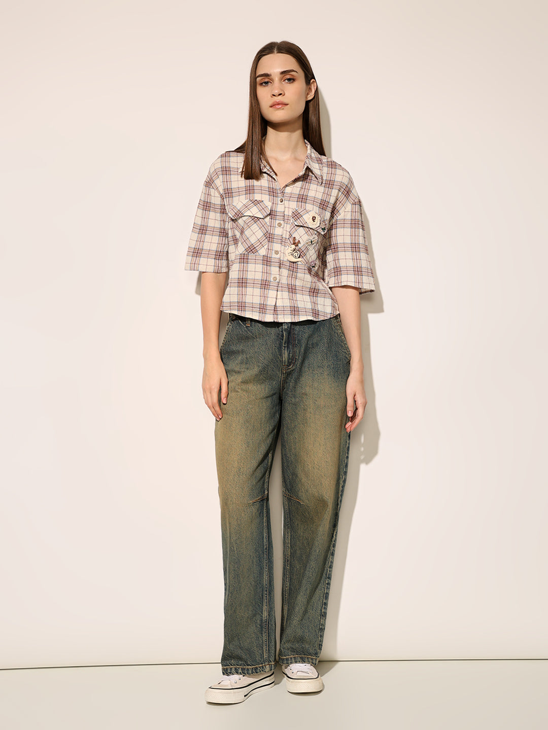 Beige Check Print Shirt