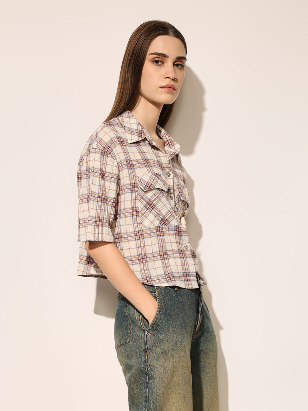 Beige Check Print Shirt