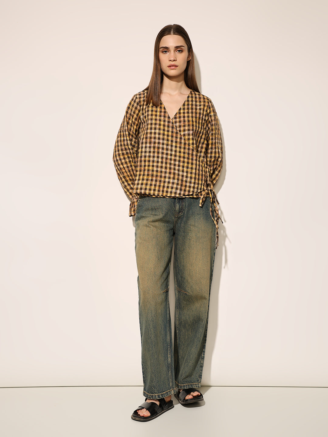 Brown Check Print Top