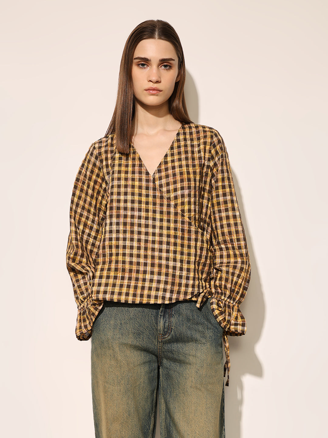 Brown Check Print Top