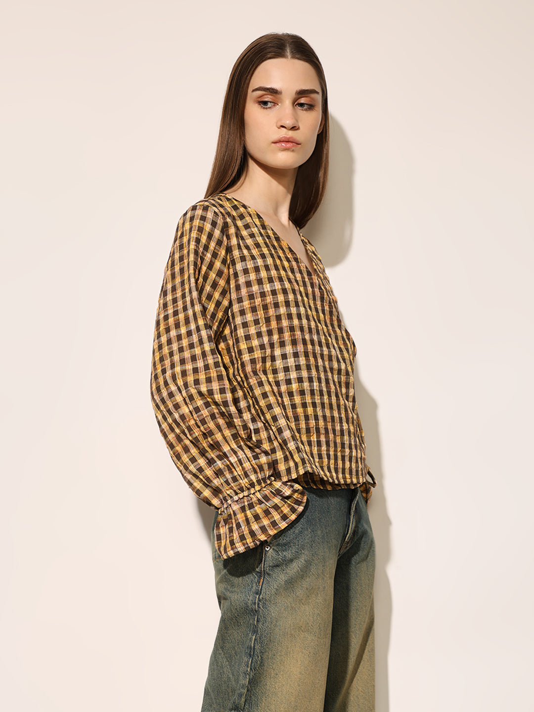 Brown Check Print Top