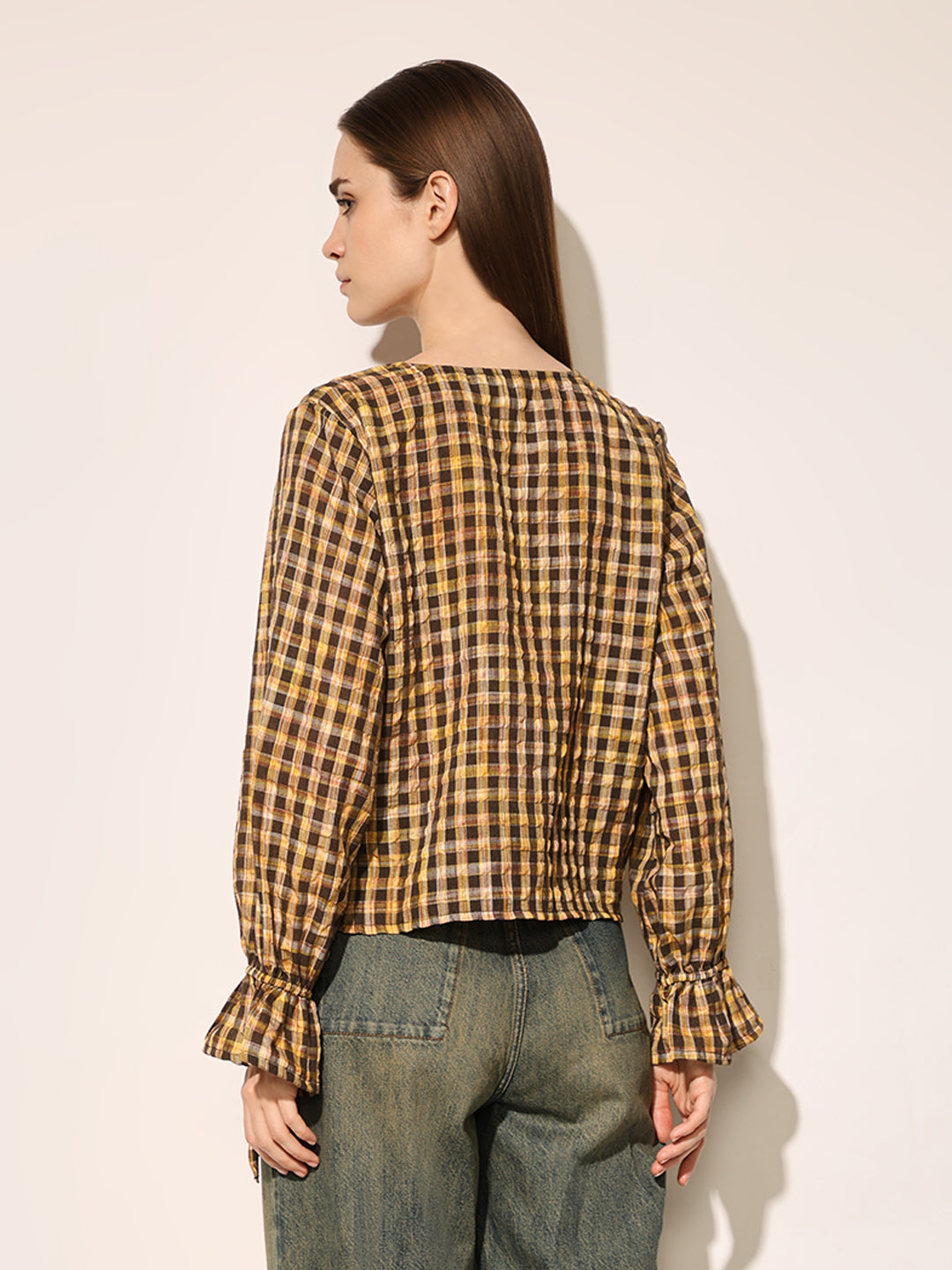 Brown Check Print Top
