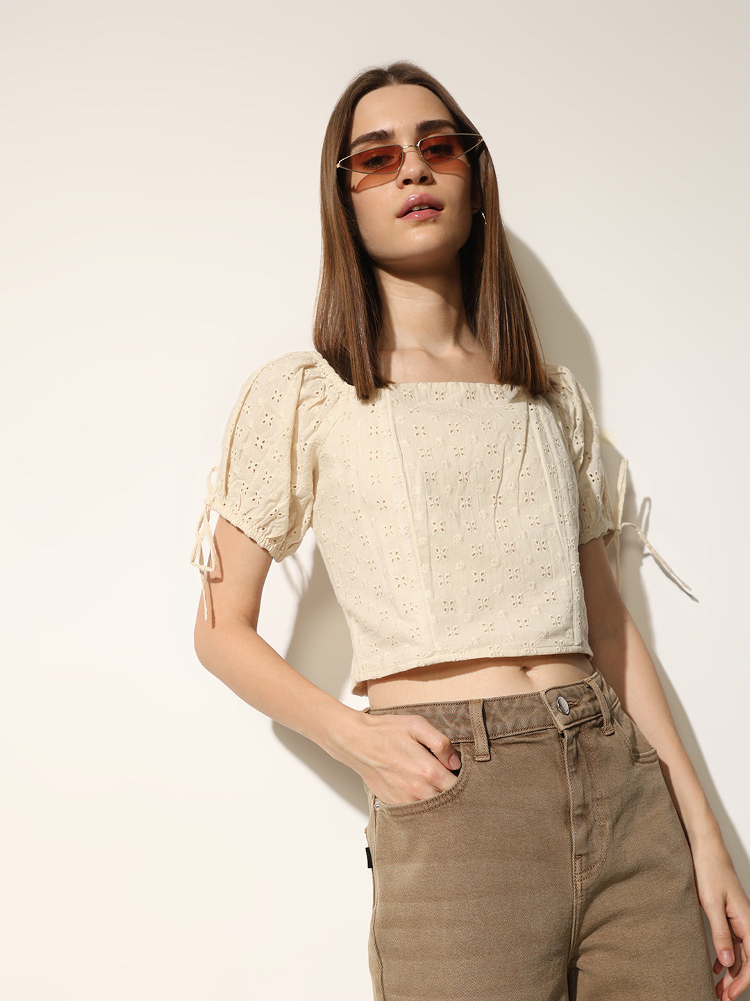 Cream Schiffli Cropped Top