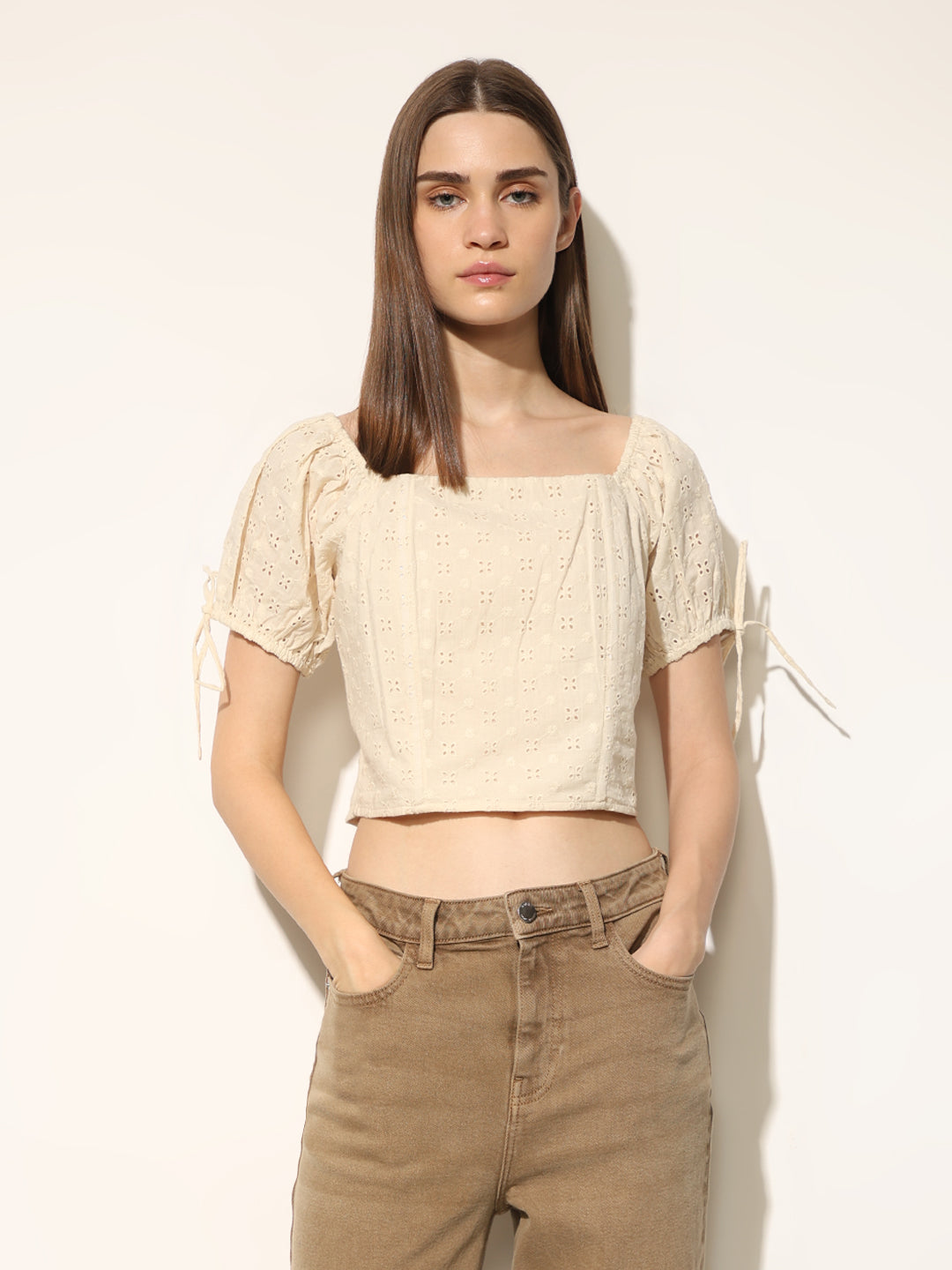 Cream Schiffli Cropped Top