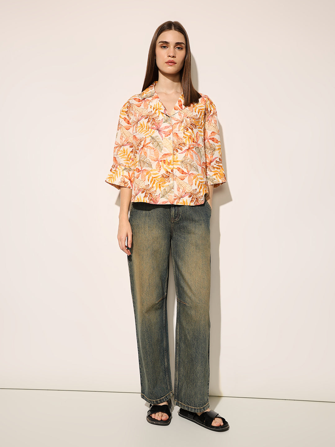 White Printed Linen Blend Shirt