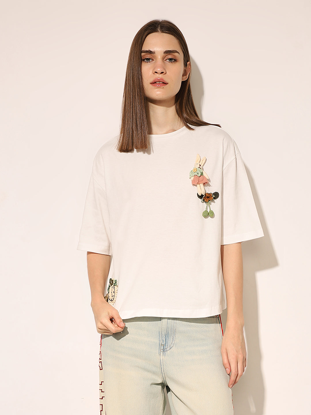 White Applique Boxy Fit T-shirt