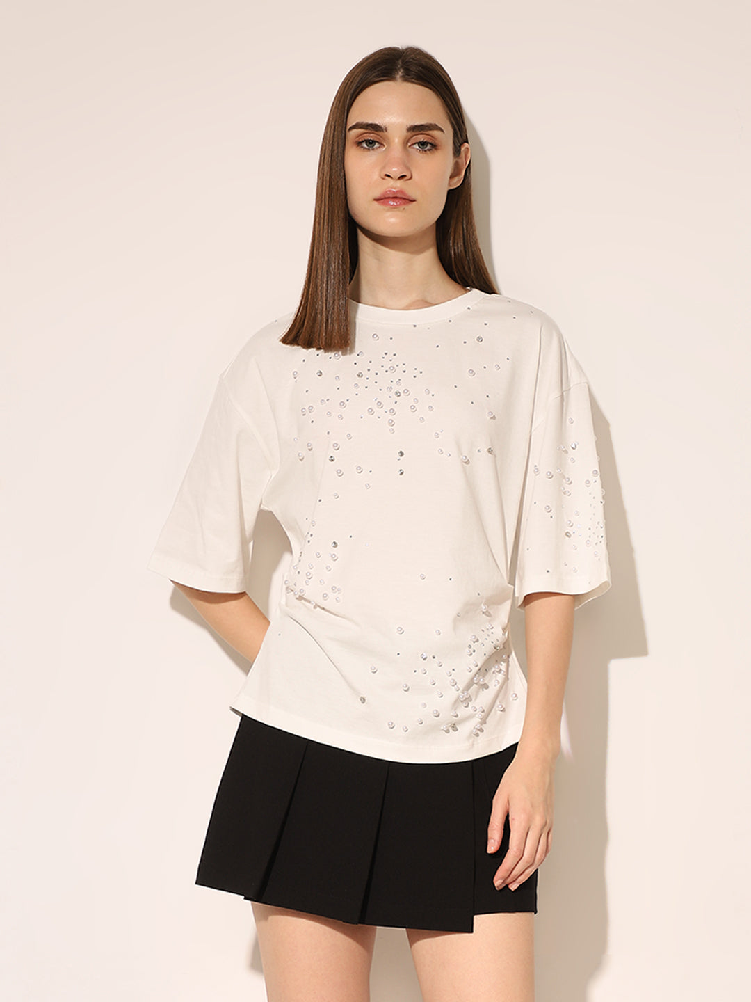 White Pearl Embellished T-shirt
