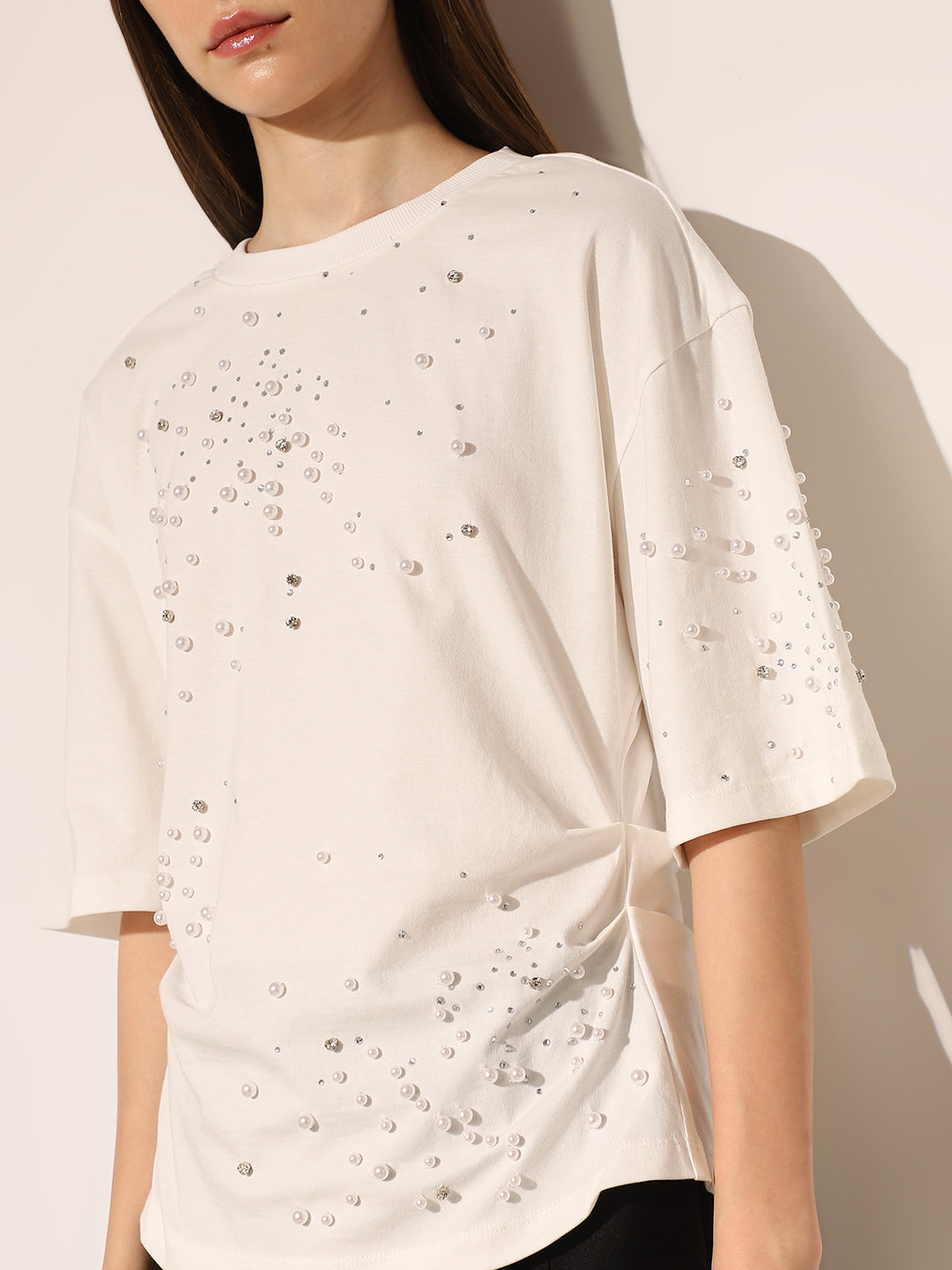 White Pearl Embellished T-shirt