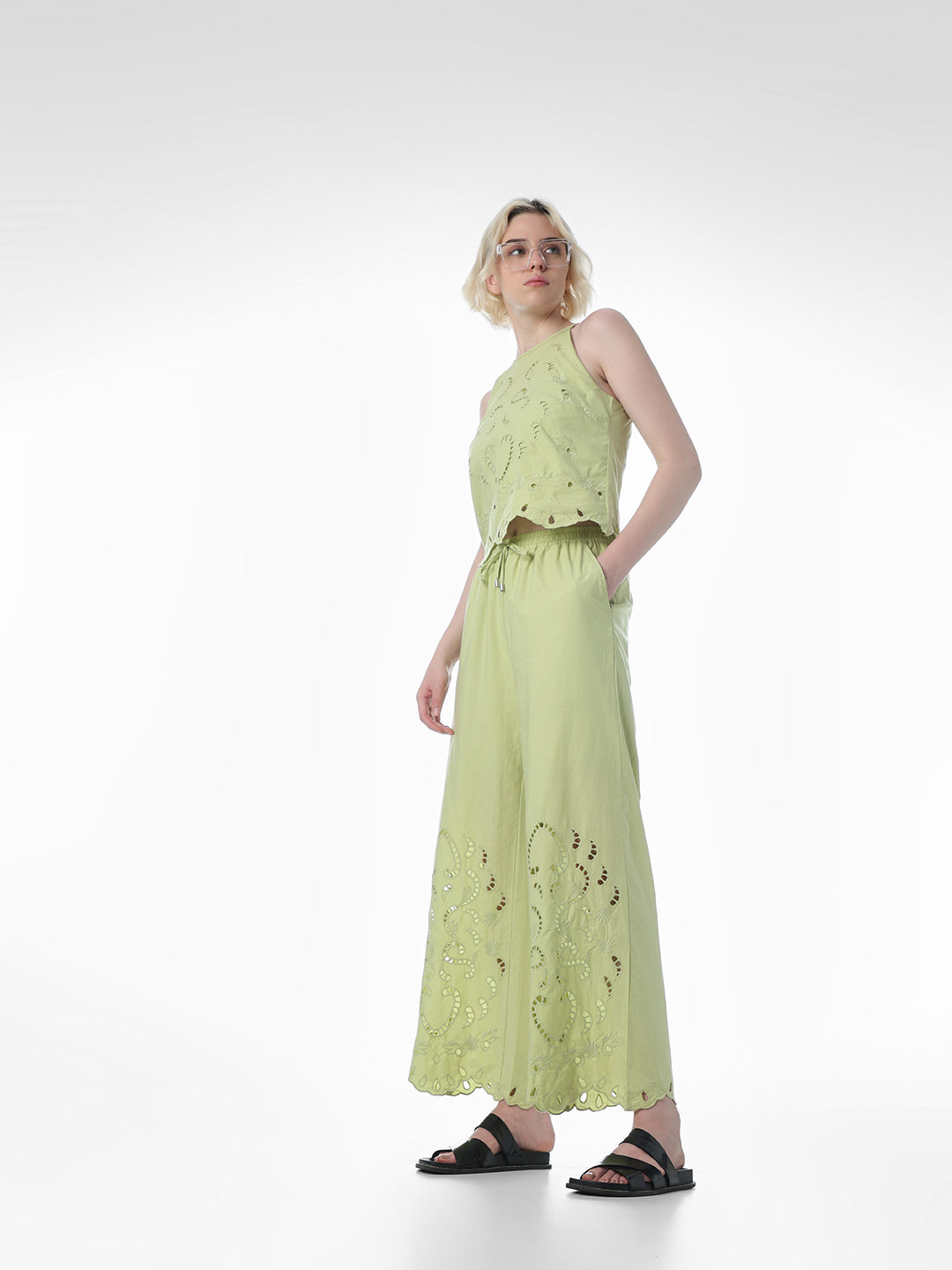 Green Cut-Work Cotton Pants