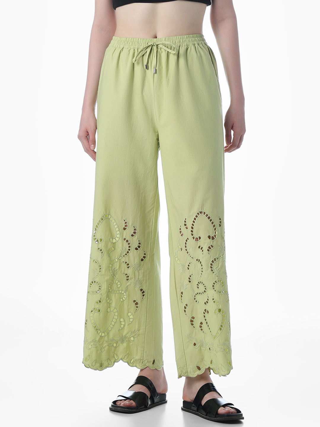 Green Cut-Work Cotton Pants