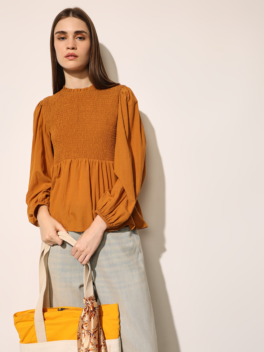 Brown Smocked Peplum Top