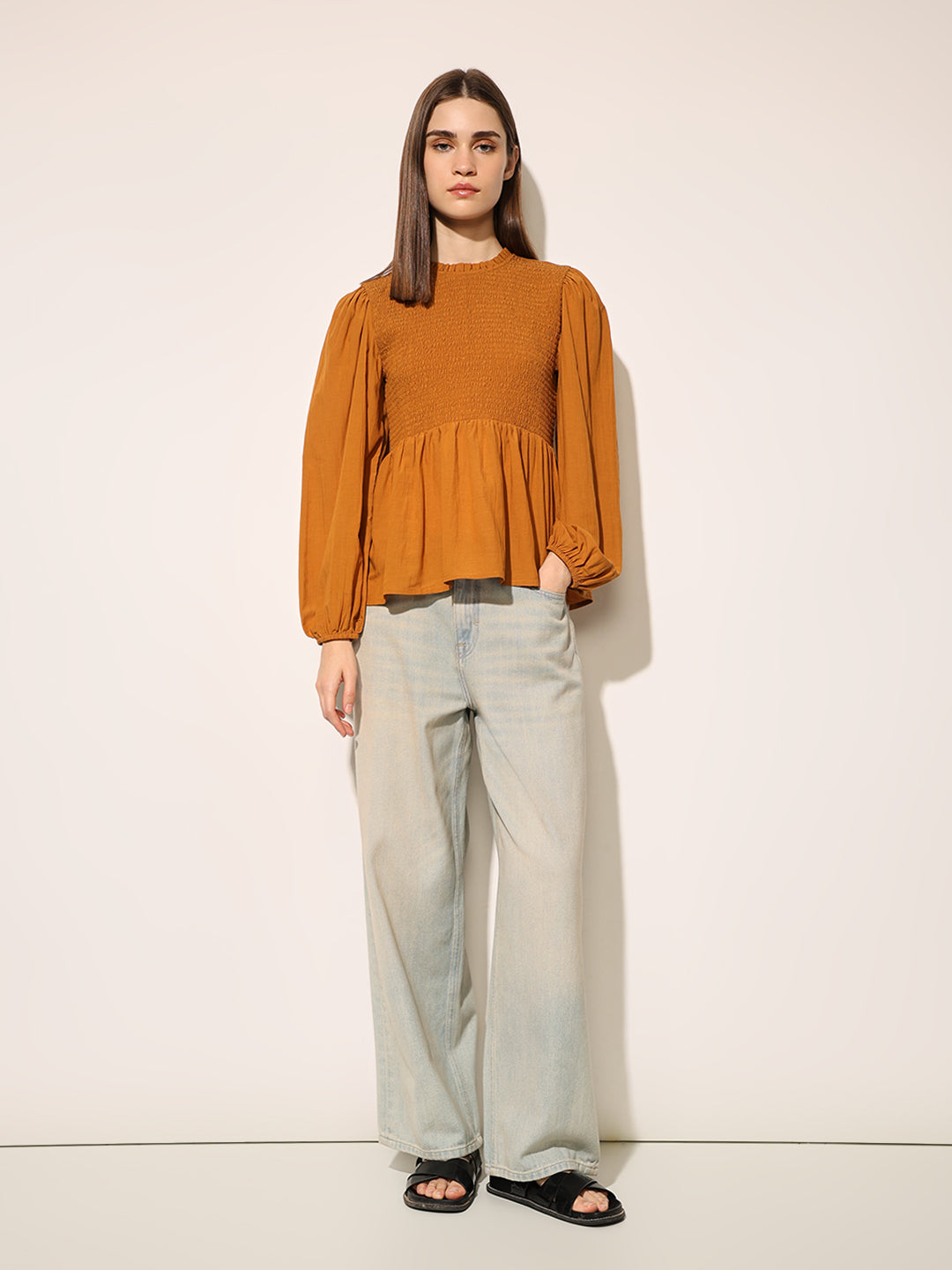 Brown Smocked Peplum Top