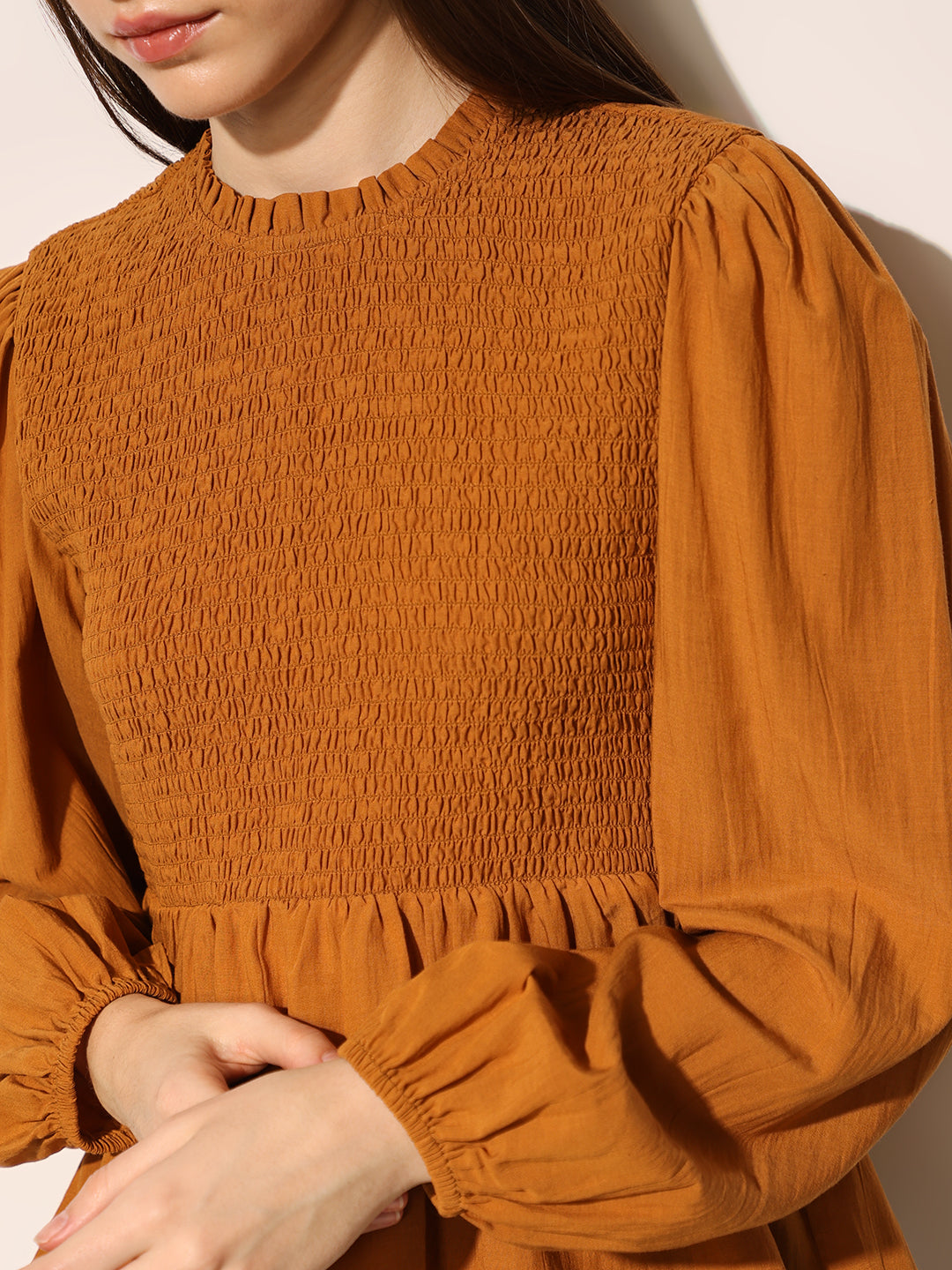 Brown Smocked Peplum Top