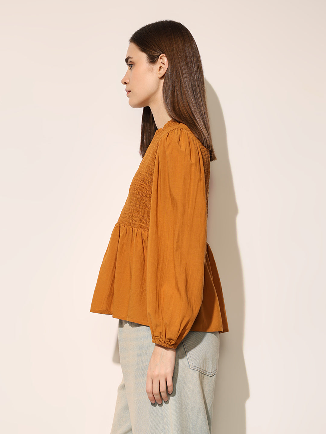 Brown Smocked Peplum Top