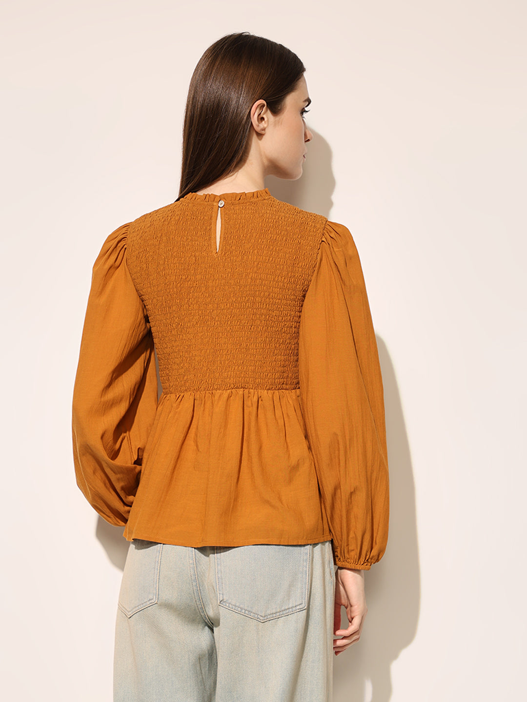 Brown Smocked Peplum Top