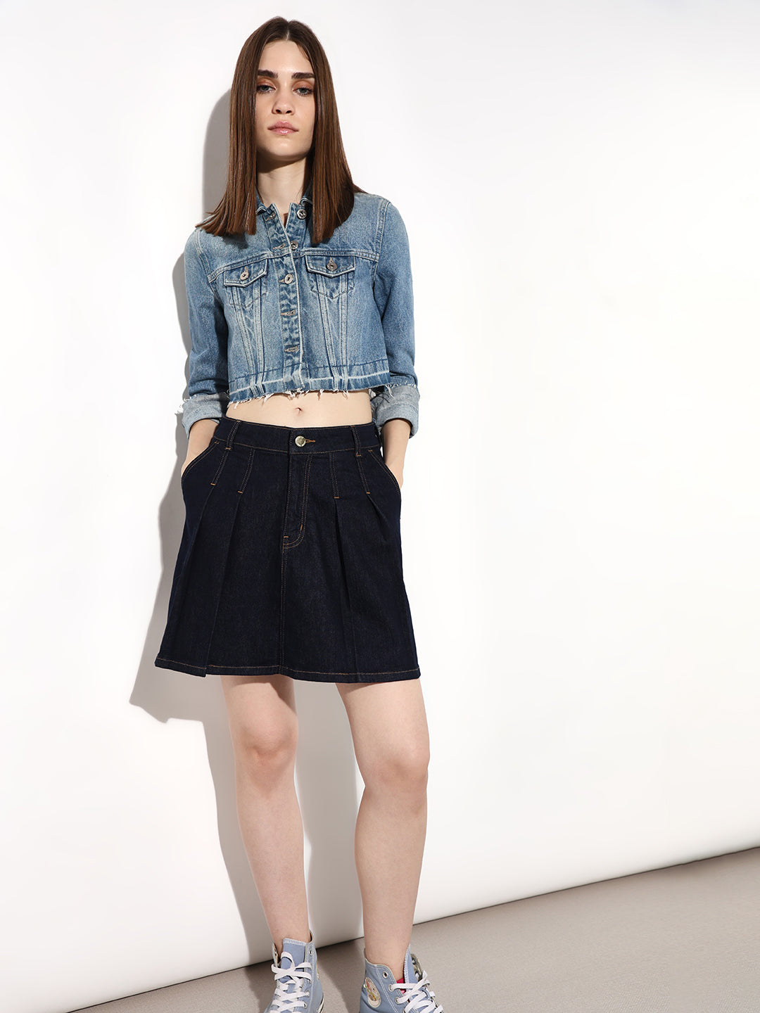 Dark Blue Pleated Denim Skirt