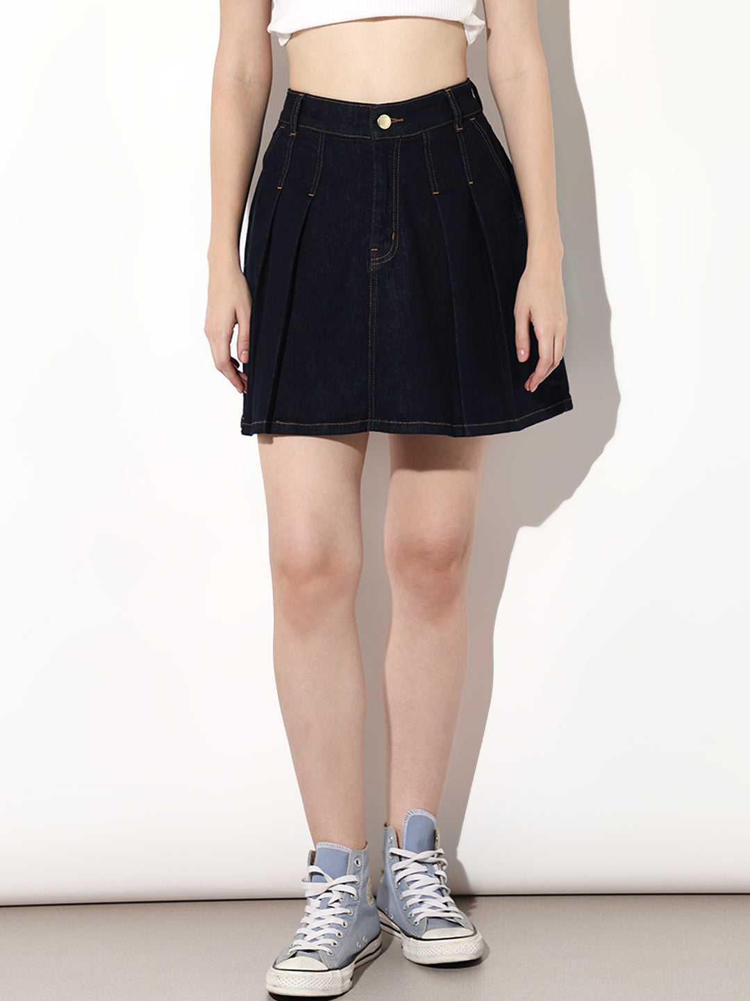 Dark Blue Pleated Denim Skirt