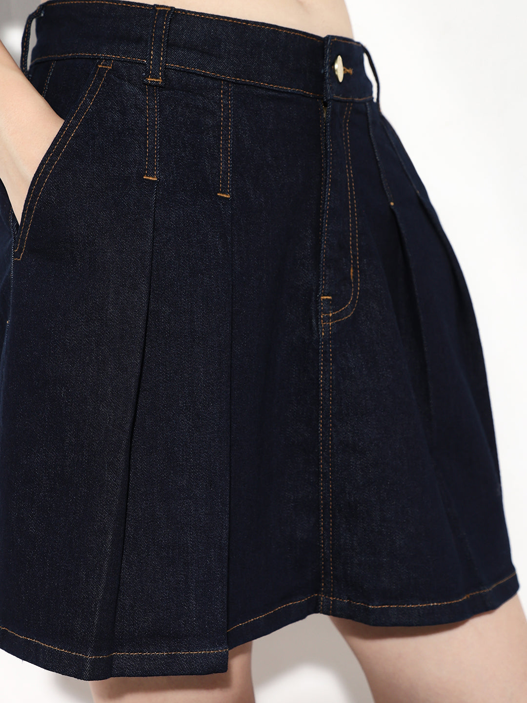 Dark Blue Pleated Denim Skirt