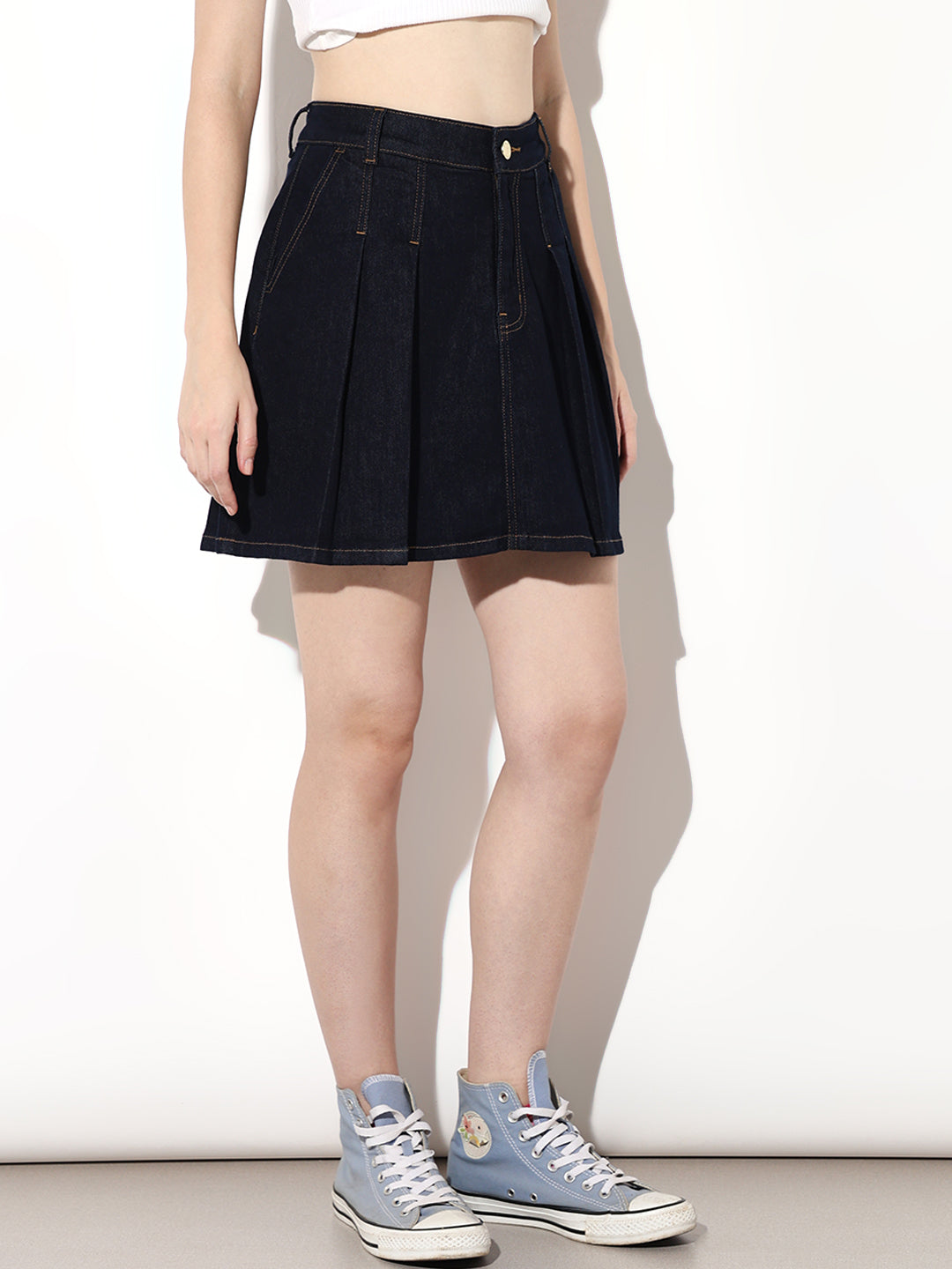 Dark Blue Pleated Denim Skirt