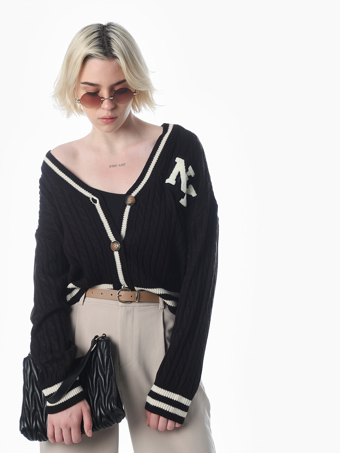 Black Soft Knit Applique Detail Cardigan