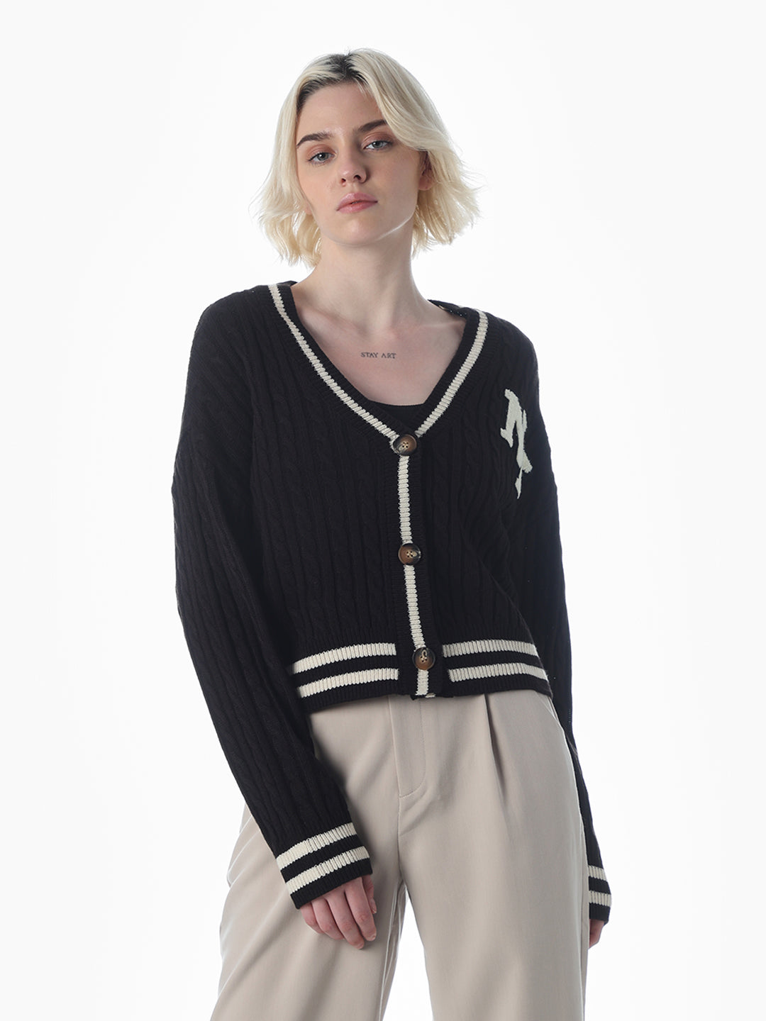 Black Soft Knit Applique Detail Cardigan