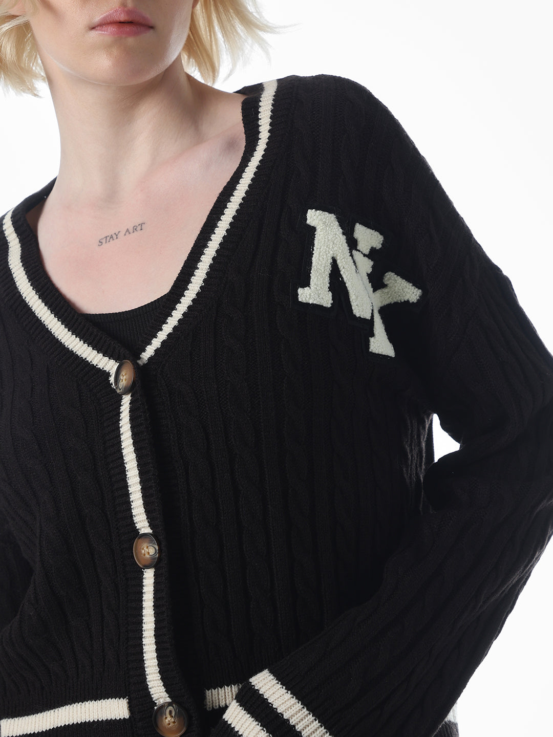 Black Soft Knit Applique Detail Cardigan
