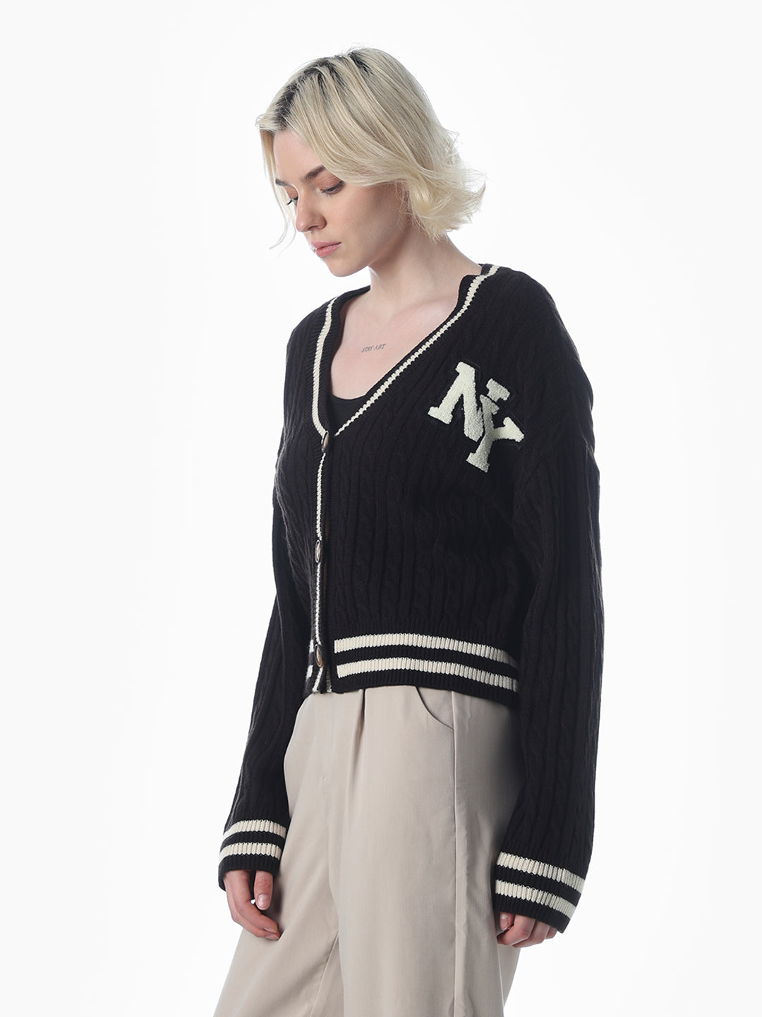 Black Soft Knit Applique Detail Cardigan