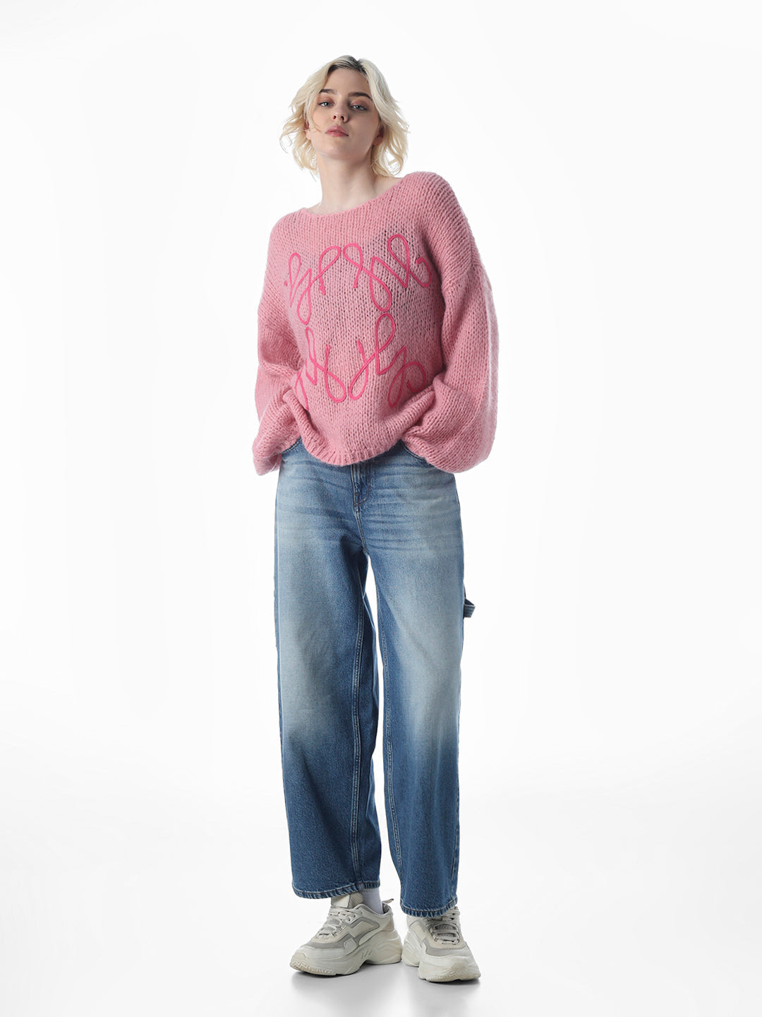 Pink Embroidered O-Neck Pullover